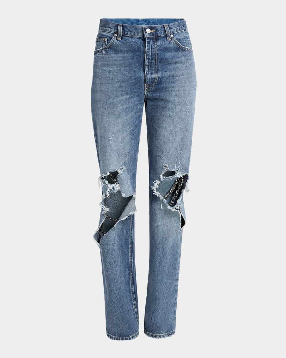 Chain Distressed Knee Straight-Leg Jeans